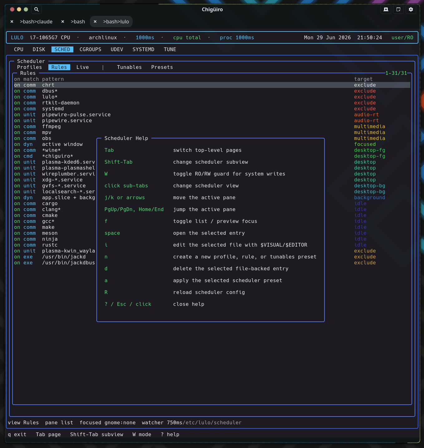 Lulo TUI: page bar, SCHED Rules, and the help overlay in user/RO mode