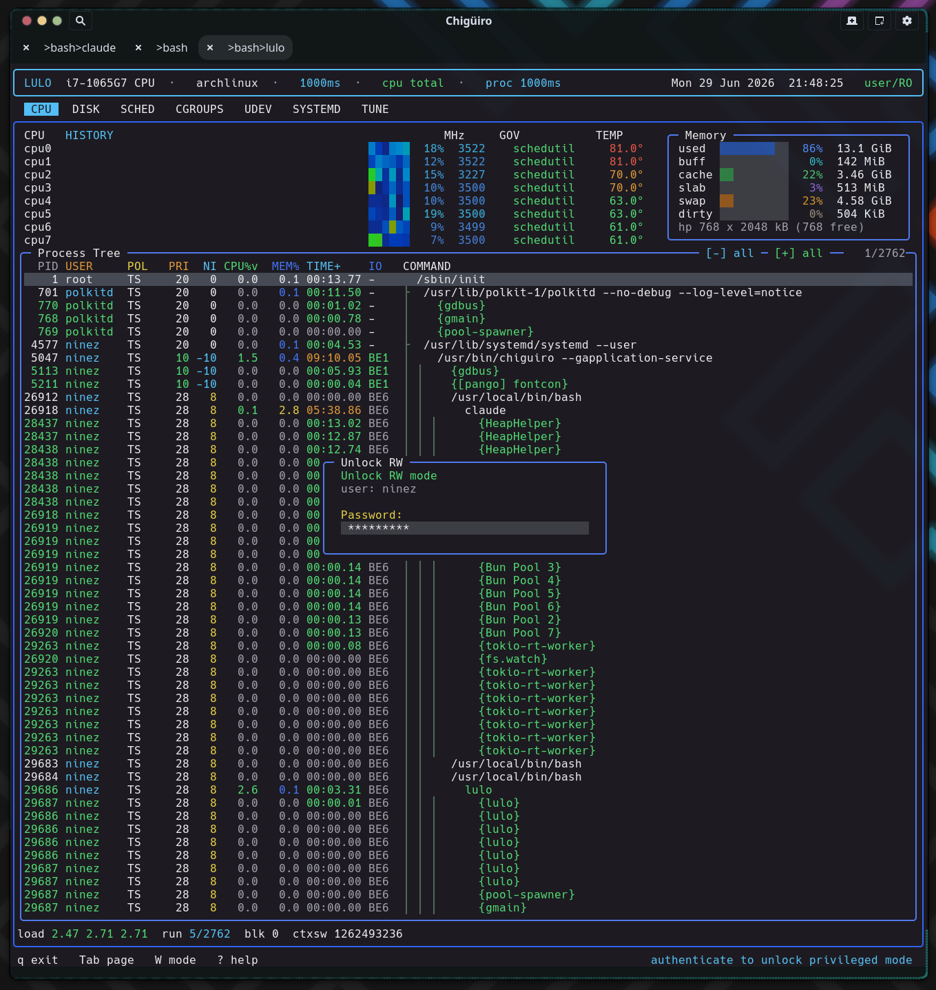 Lulo RW-mode authentication prompt rendered inside the TUI