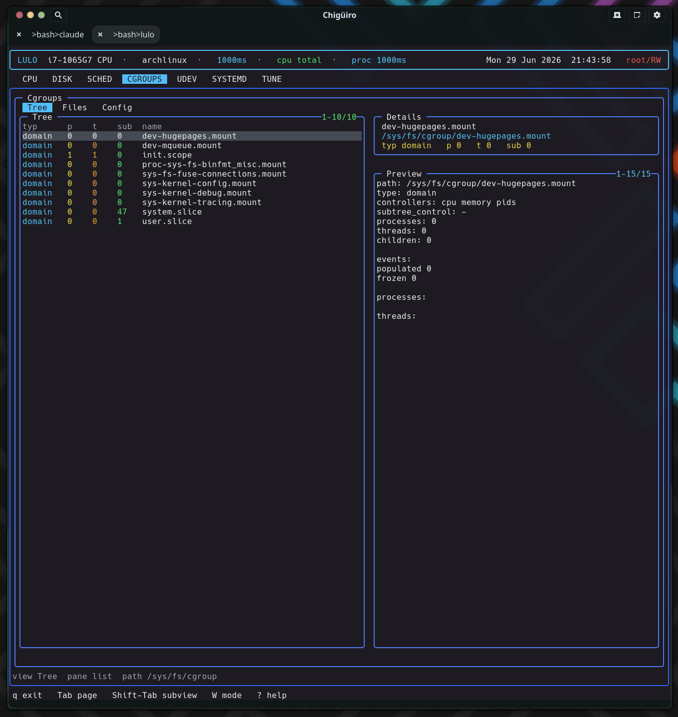 Lulo CGROUPS Tree view with hierarchy and member processes
