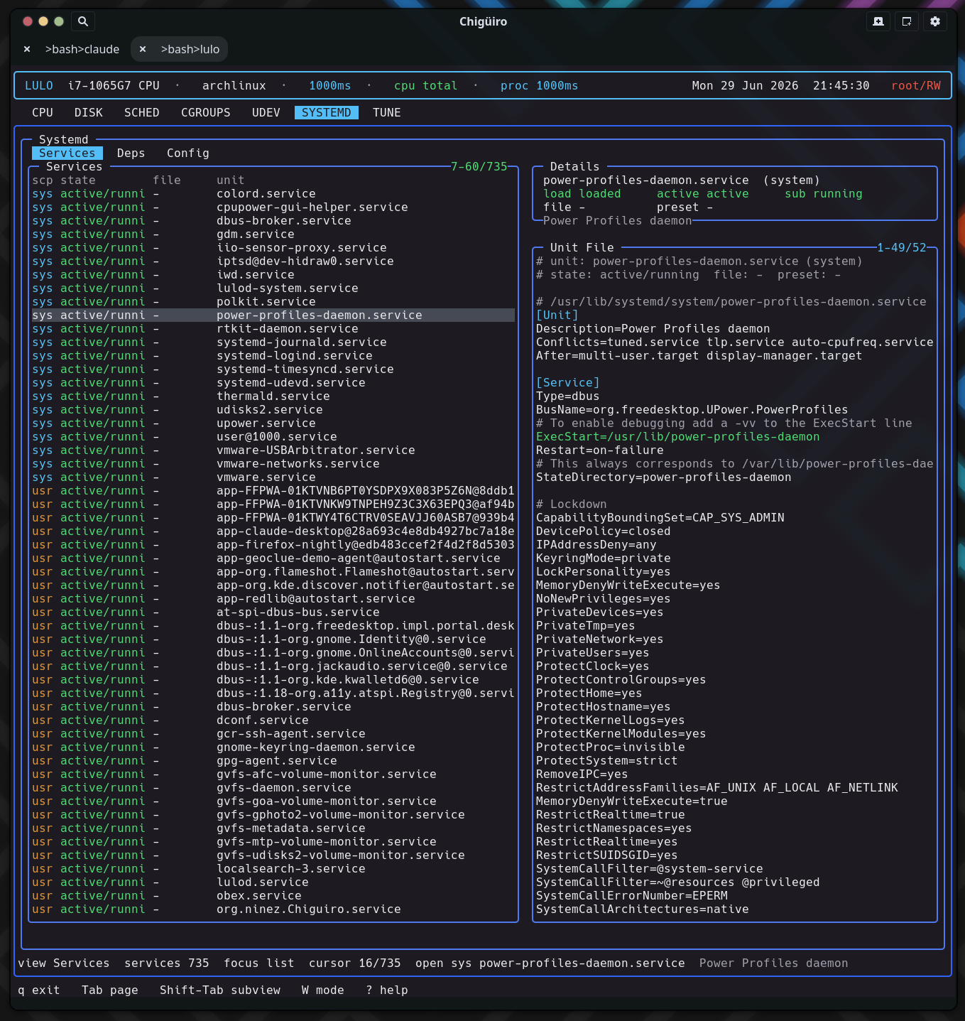 Lulo SYSTEMD Services view with unit list and fragment preview