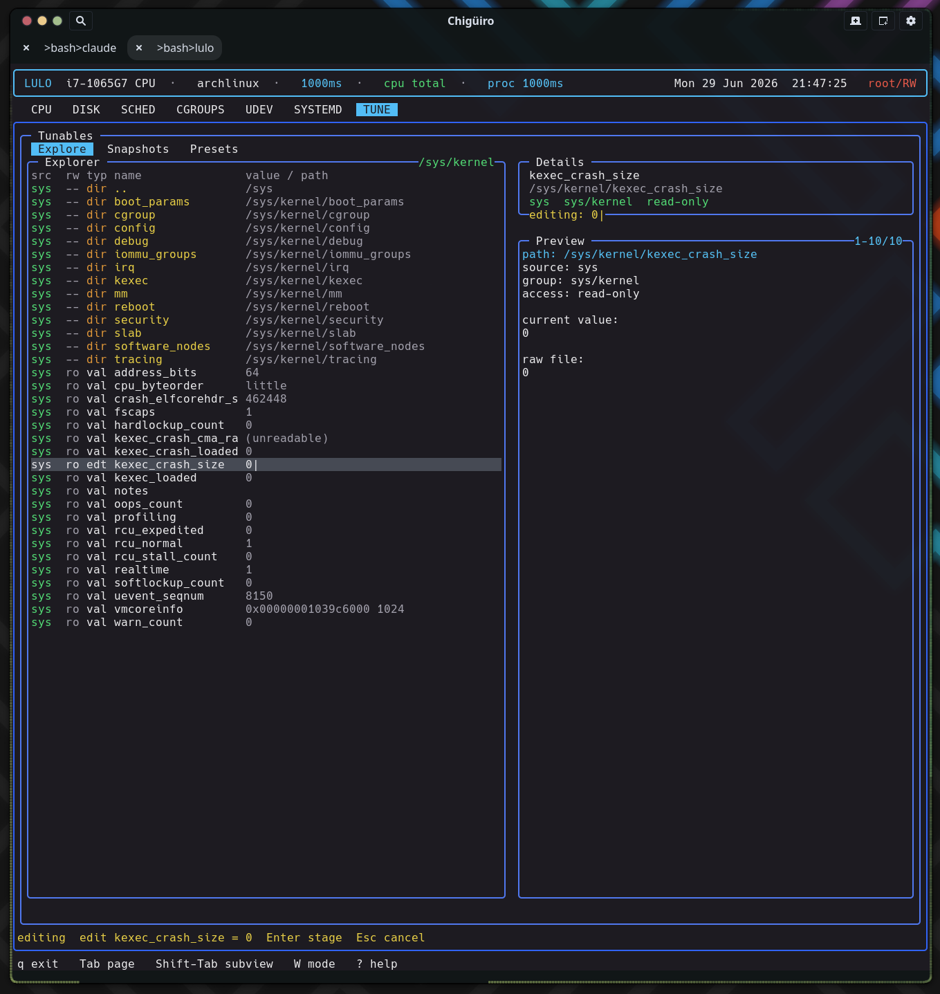 Lulo TUNE Explore view browsing /proc/sys with a staged value