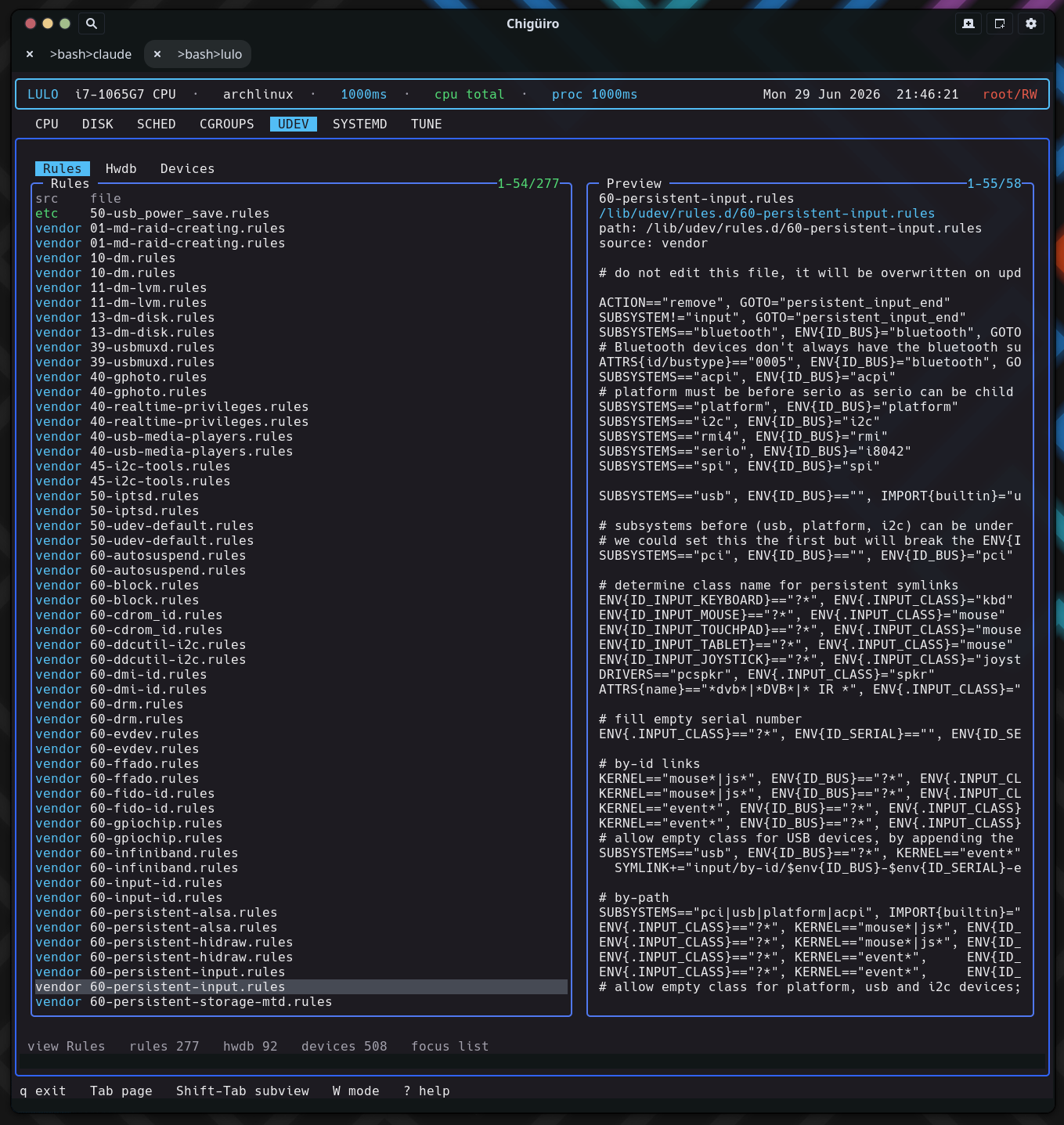 Lulo UDEV Rules view with file list and rule preview